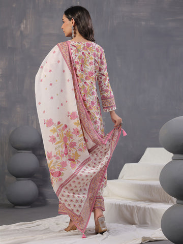 Floral Print Cotton Kurta With Pants & Dupatta