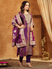 Neck Zari Embroidery Tissue Kurta With Pants & Dupatta