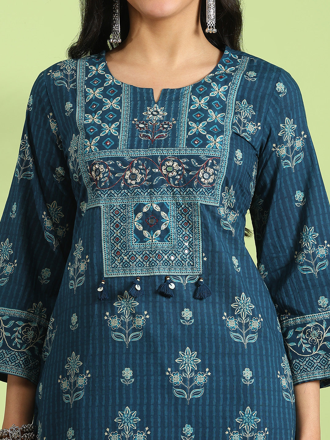 Blue Cotton Blend Printed A Line Suit Set