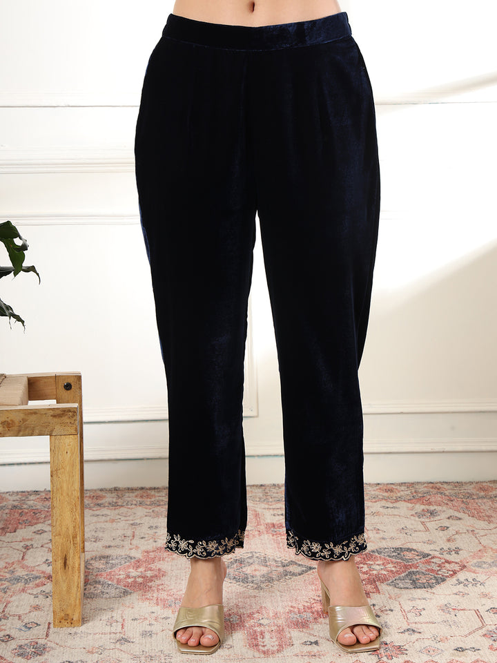 Navy Blue Embroidered Velvet Straight Suit Set With Dupatta