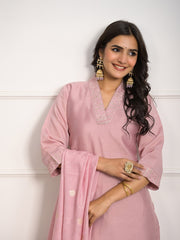 Neck Embroidered Chanderi Kurta With Pants & Dupatta