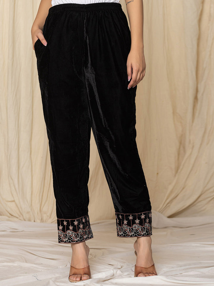 Black Velvet Floral Embroidered Kurta with Straight Pants