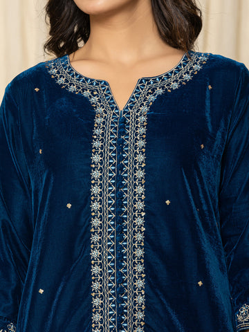 Zari Neck Embroidered Velvet Kurta With Pants