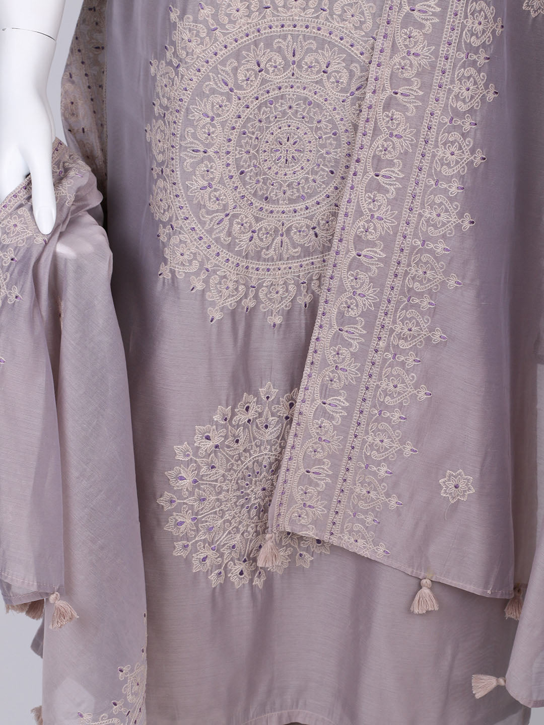Embroidered Chanderi Kurta With Pants &amp; Dupatta