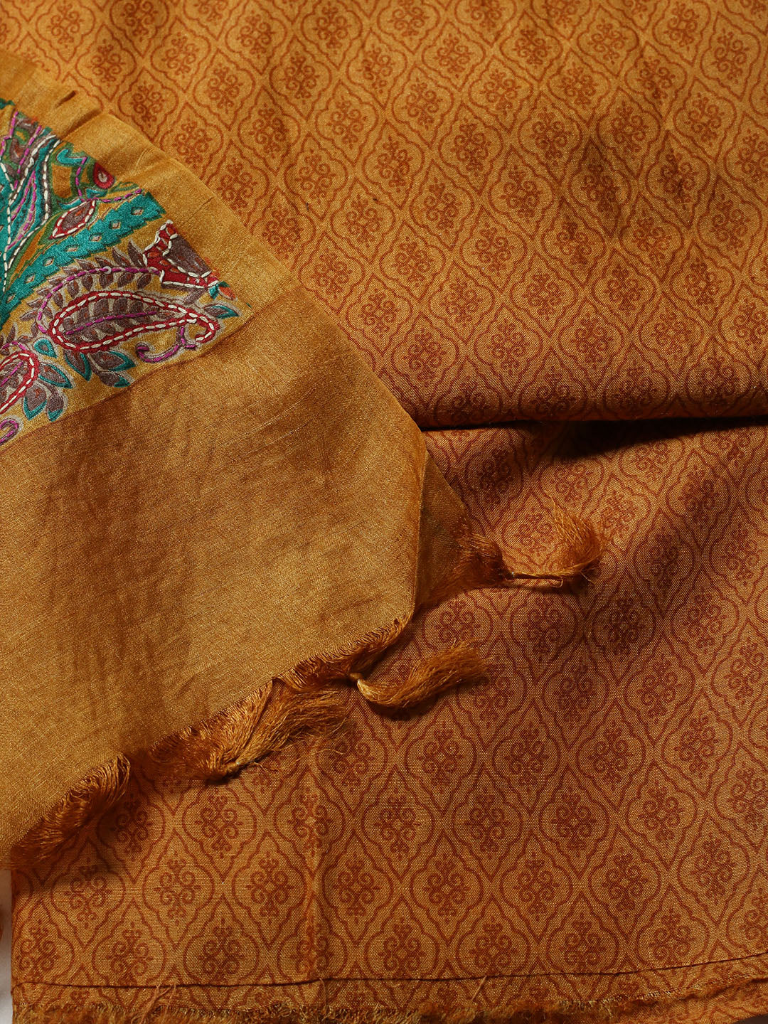 Printed Tussar Unstitched Kurta With Pant &amp; Dupatta