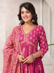 Floral Printed Cotton Blend Kurta With Pants & Dupatta