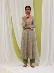 Floral Printed Cotton Anarkali Kurta With Pants