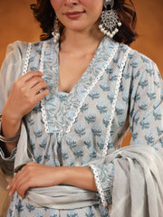 Printed Cotton Blend Kurta With Pants & Dupatta