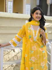 Printed Cotton Blend Kurta With Pants & Dupatta