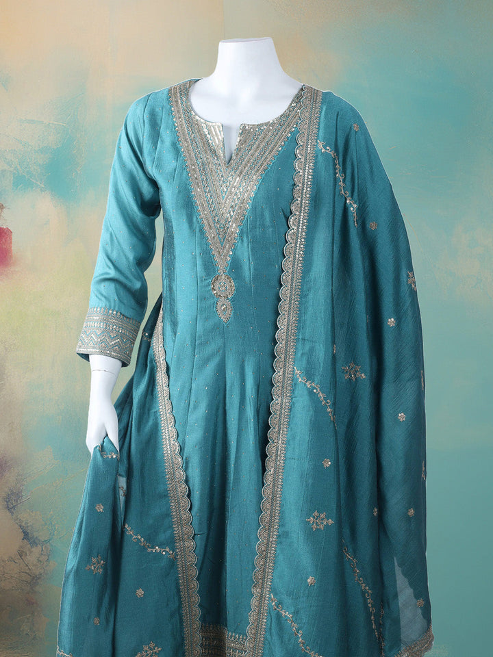 Embroidered Art Silk Stitched Kurta With Pant &amp; Dupatta