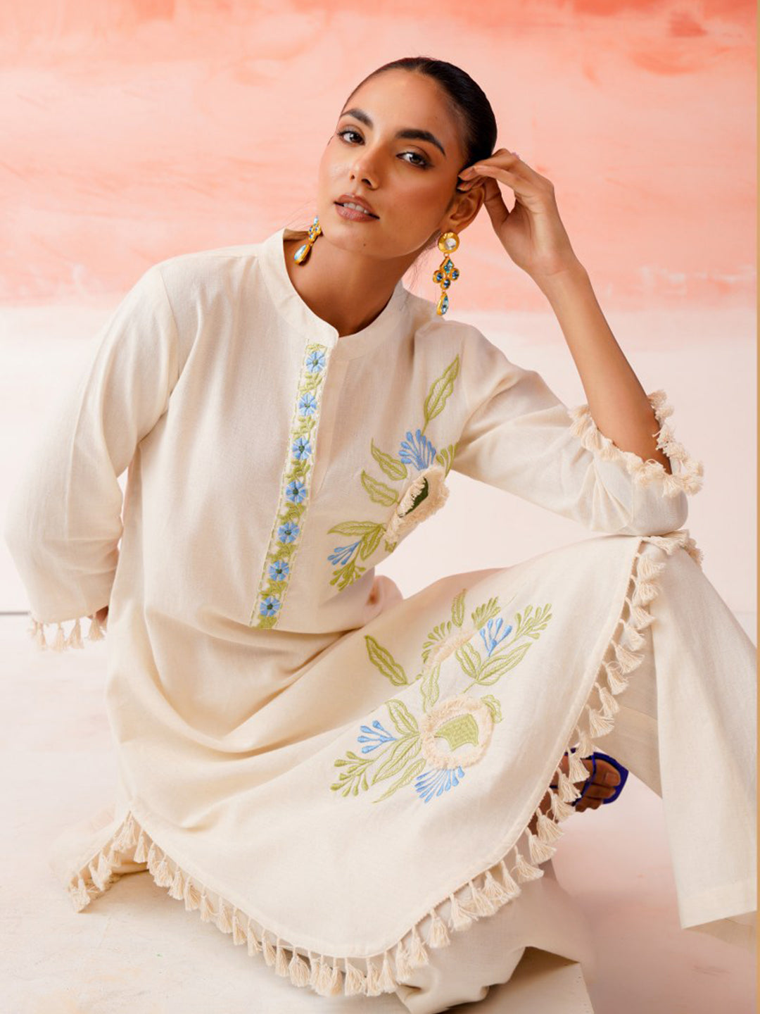 Cream Cotton Blend Printed Straight Kurta With Pant