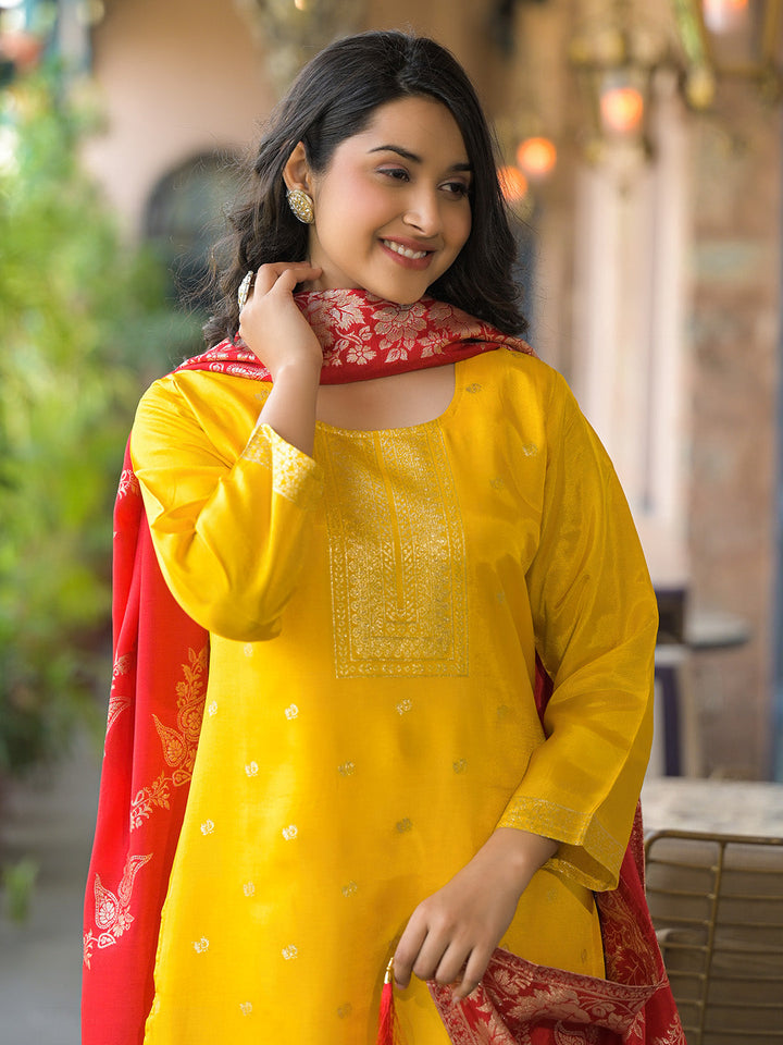 Embroidered Cotton Kurta With Pant &amp; Dupatta