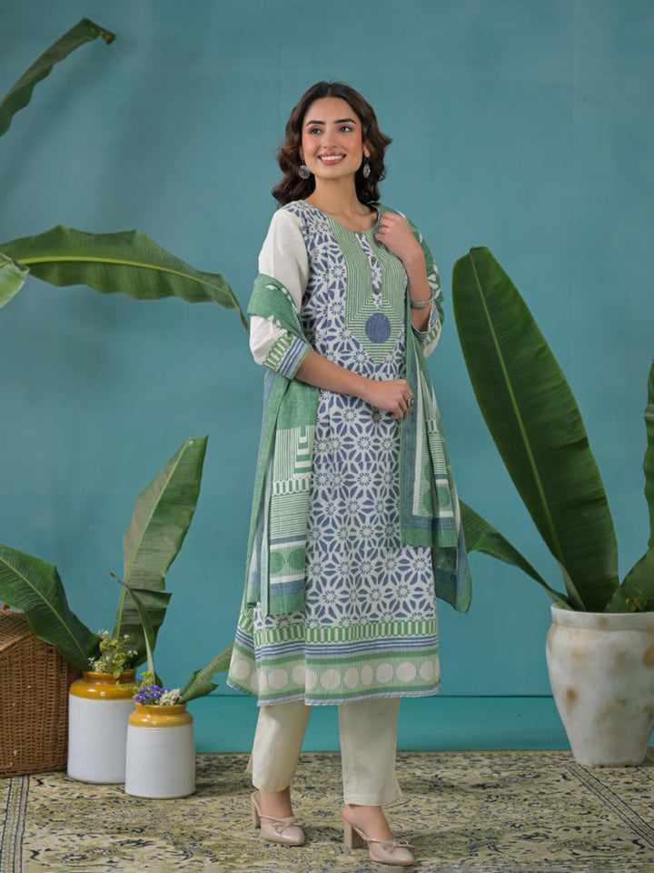 Cream Cotton Blend Printed Straight Suit Set