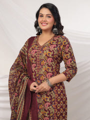 Printed Cotton Blend Kurta With Pants & Dupatta