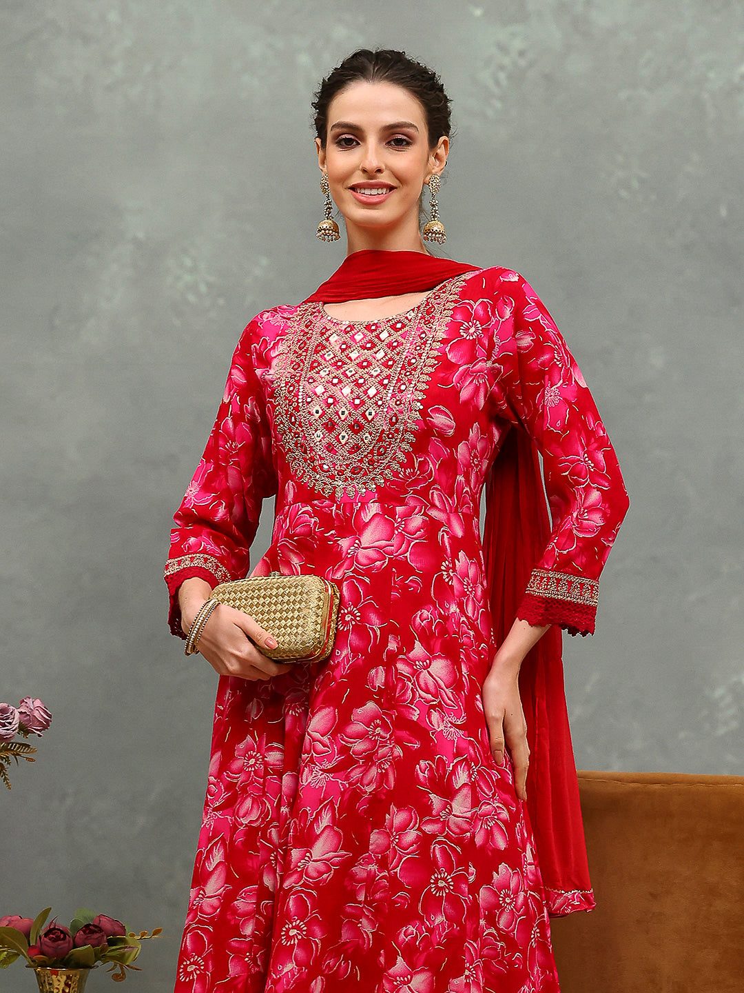 Embroidered Cotton Kurta With Pants &amp; Dupatta