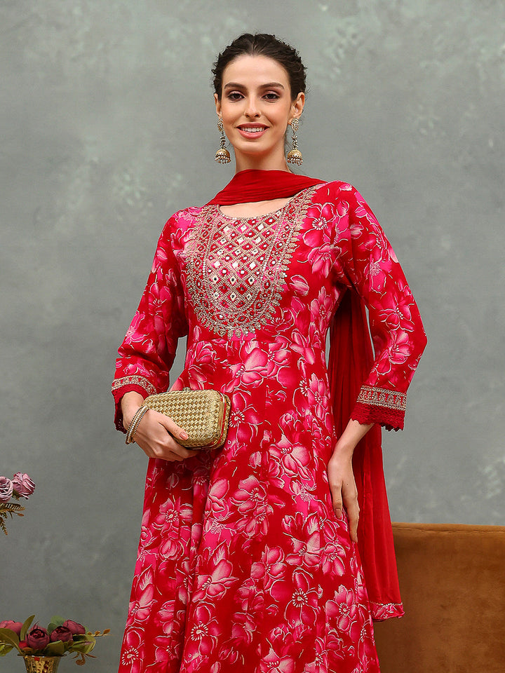 Embroidered Cotton Kurta With Pants &amp; Dupatta