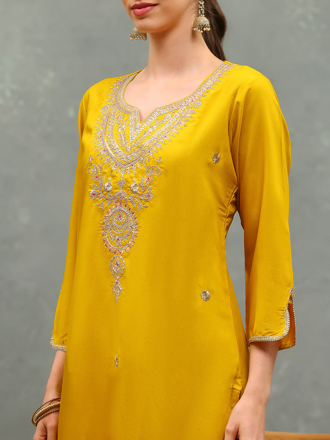 Embroidery Cotton Blend Kurta With Pants &amp; Dupatta