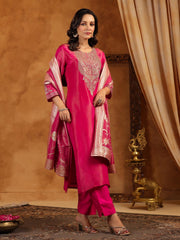 Neck Zari Embroidery Tissue Kurta With Pants & Dupatta