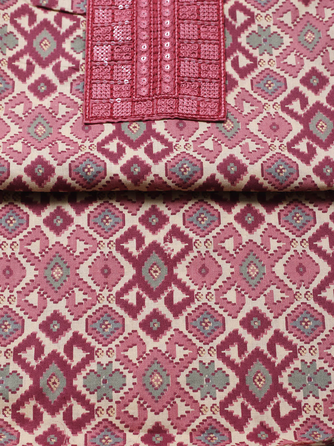 Printed Cotton Blend Unstitched Suit With Pant &amp; Dupatta