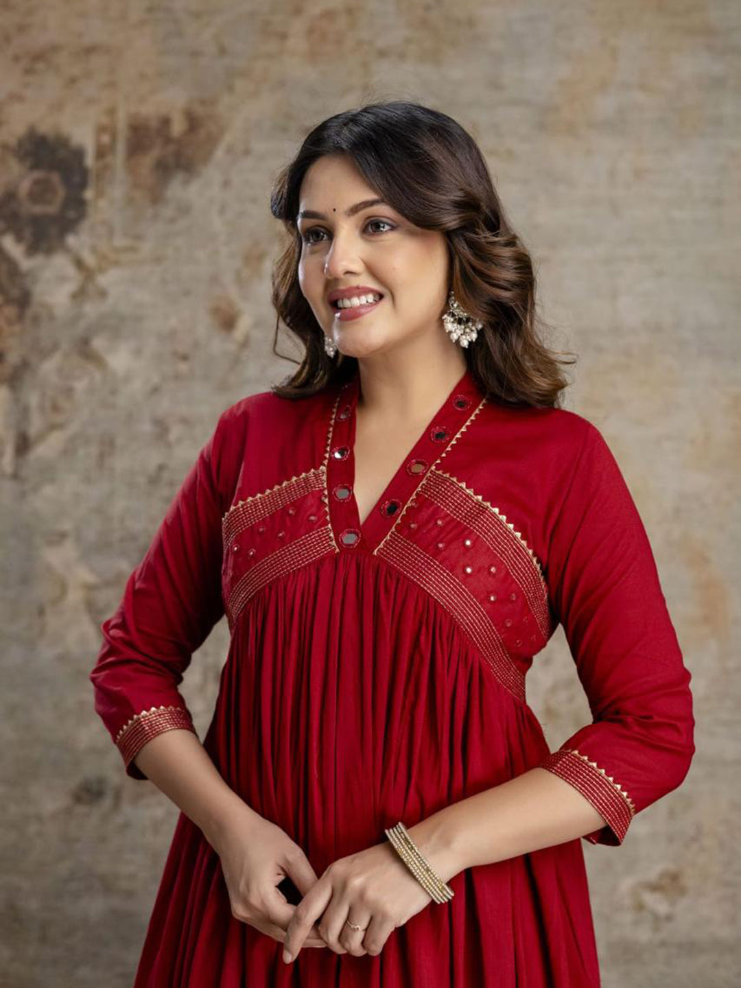 Maroon Cotton Blend Embroidered Straight Suit Set