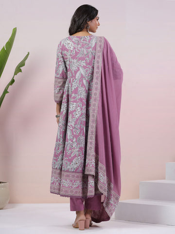 Floral Printed Cotton Blend Kurta With Pants & Dupatta