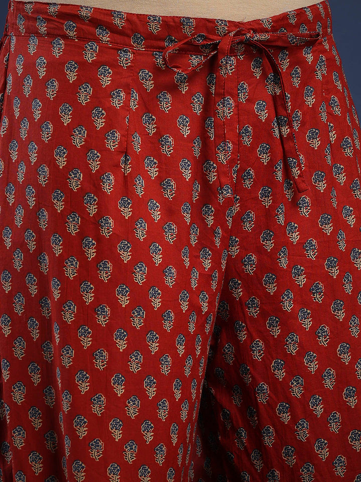 Maroon Cotton Blend Printed Straight Suit Set