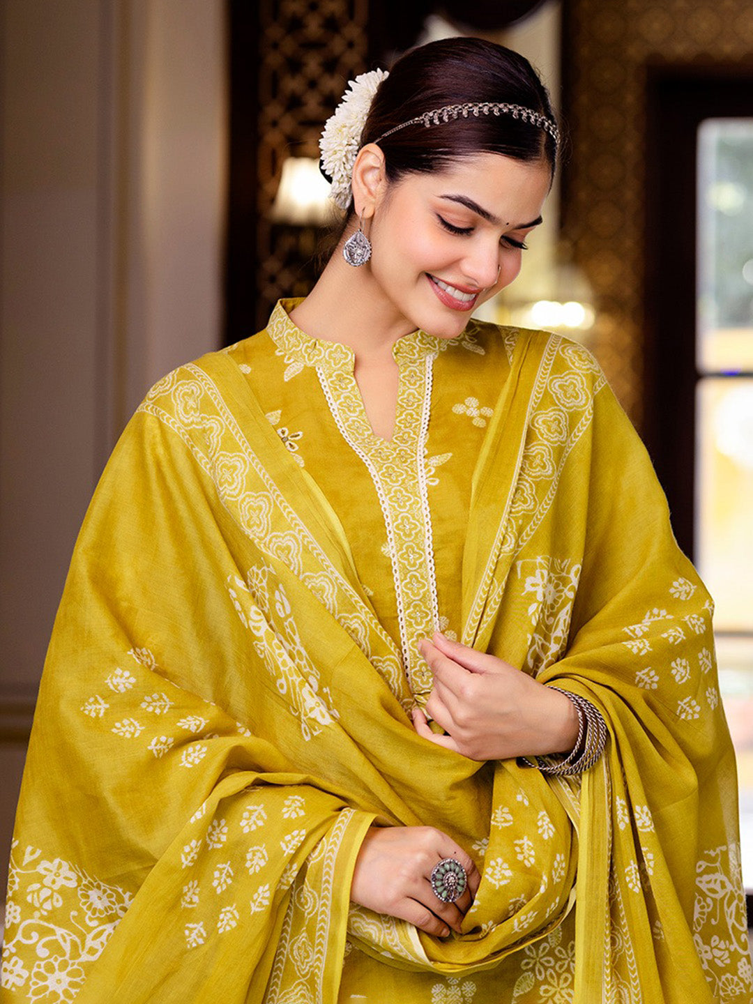 Printed Cotton Blend Kurta With Pants & Dupatta