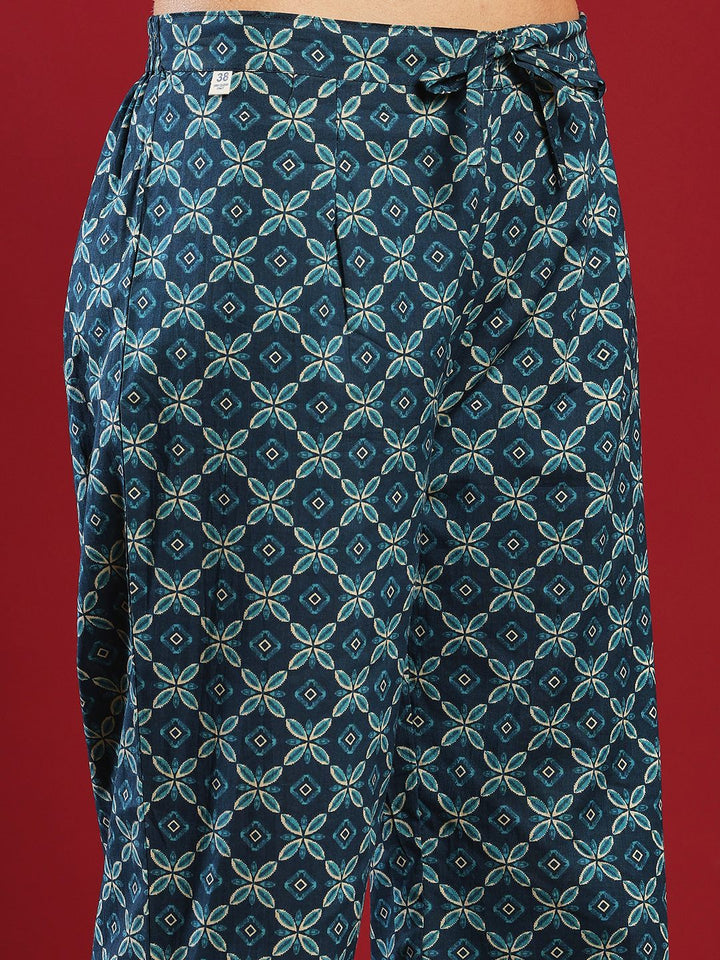 Blue Cotton Blend Printed Straight Suit Set
