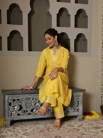 Sequin Embroidery Cotton Blend  Kurta With Pants