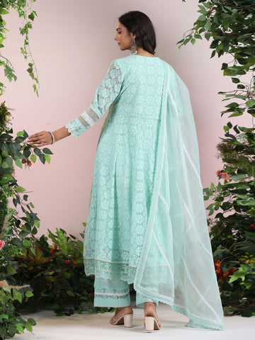 Cotton Blend Anarkali Embroidered Suit Set With Lace