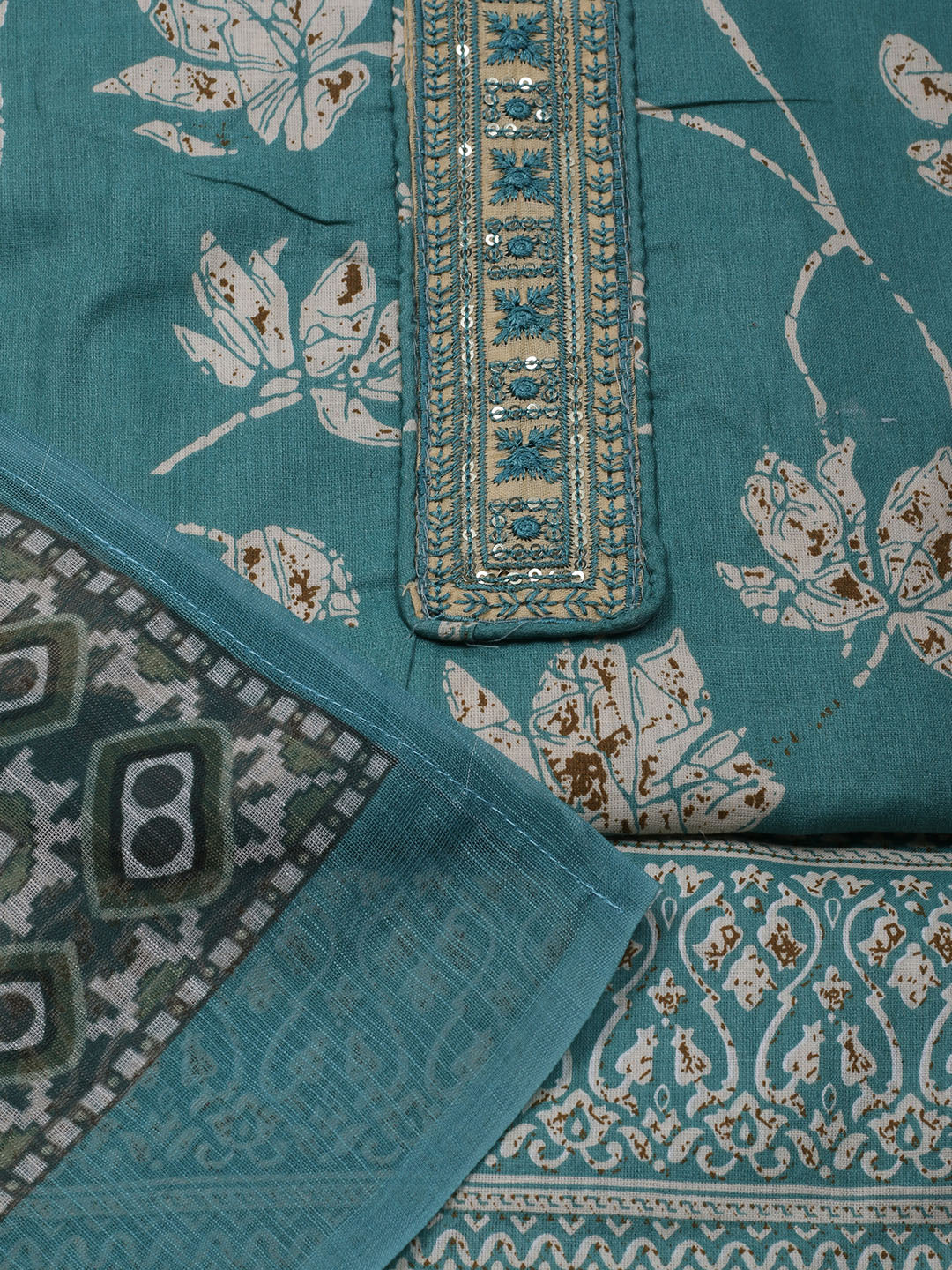 Printed Cotton Blend Unstitched Suit With Dupatta