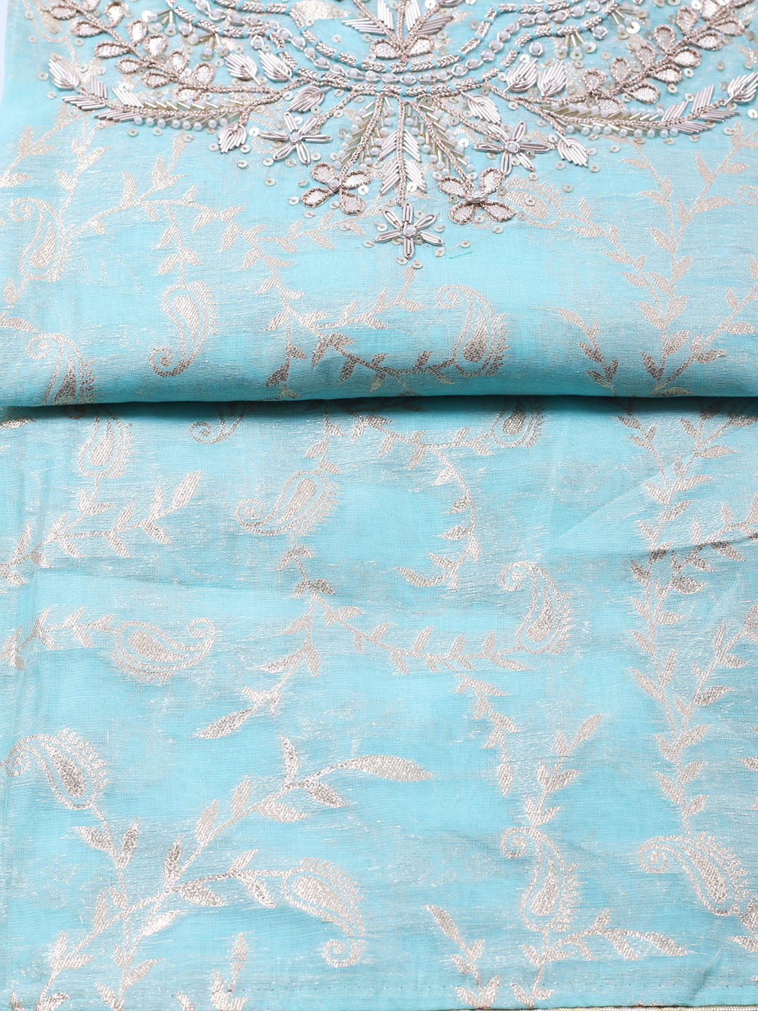 Embroidered Chanderi Unstitched Suit With Pant &amp; Dupatta
