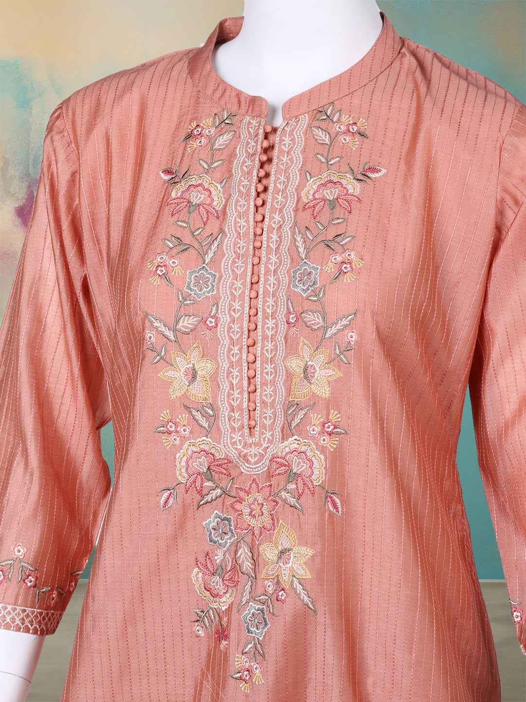Embroidered Chanderi Kurta With Pant & Dupatta