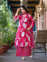 Printed Cotton Blend Kurta With Pants & Dupatta