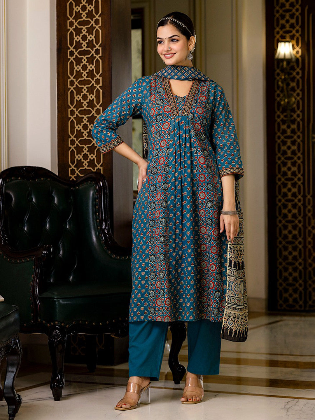 Printed Cotton Blend Kurta With Pants & Dupatta