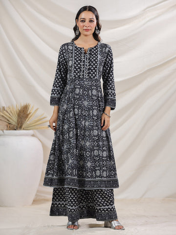 Floral Printed Cotton Blend Kurta With Palazzo & Dupatta