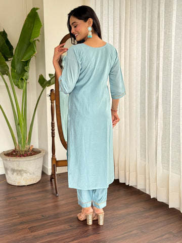 Neck Zari Embroidery Chanderi Kurta With Pants & Dupatta