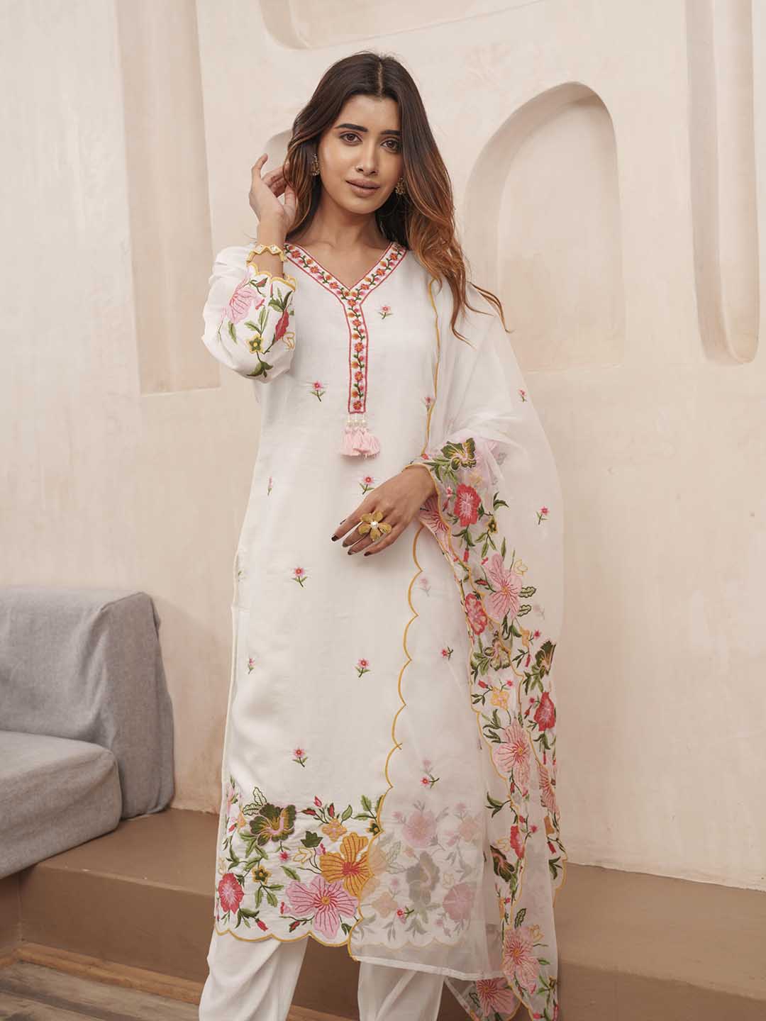 Embroidered Cotton Blend Kurta With Pants & Dupatta