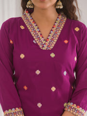 Neck Embroidery Cotton Blend Kurta With Pants & Dupatta