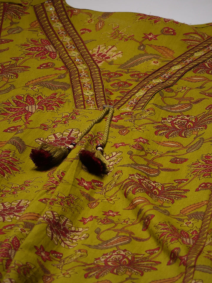 Mehndi Cotton Blend Printed Straight Suit Set