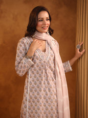 Printed Cotton Blend Kurta With Pants & Dupatta