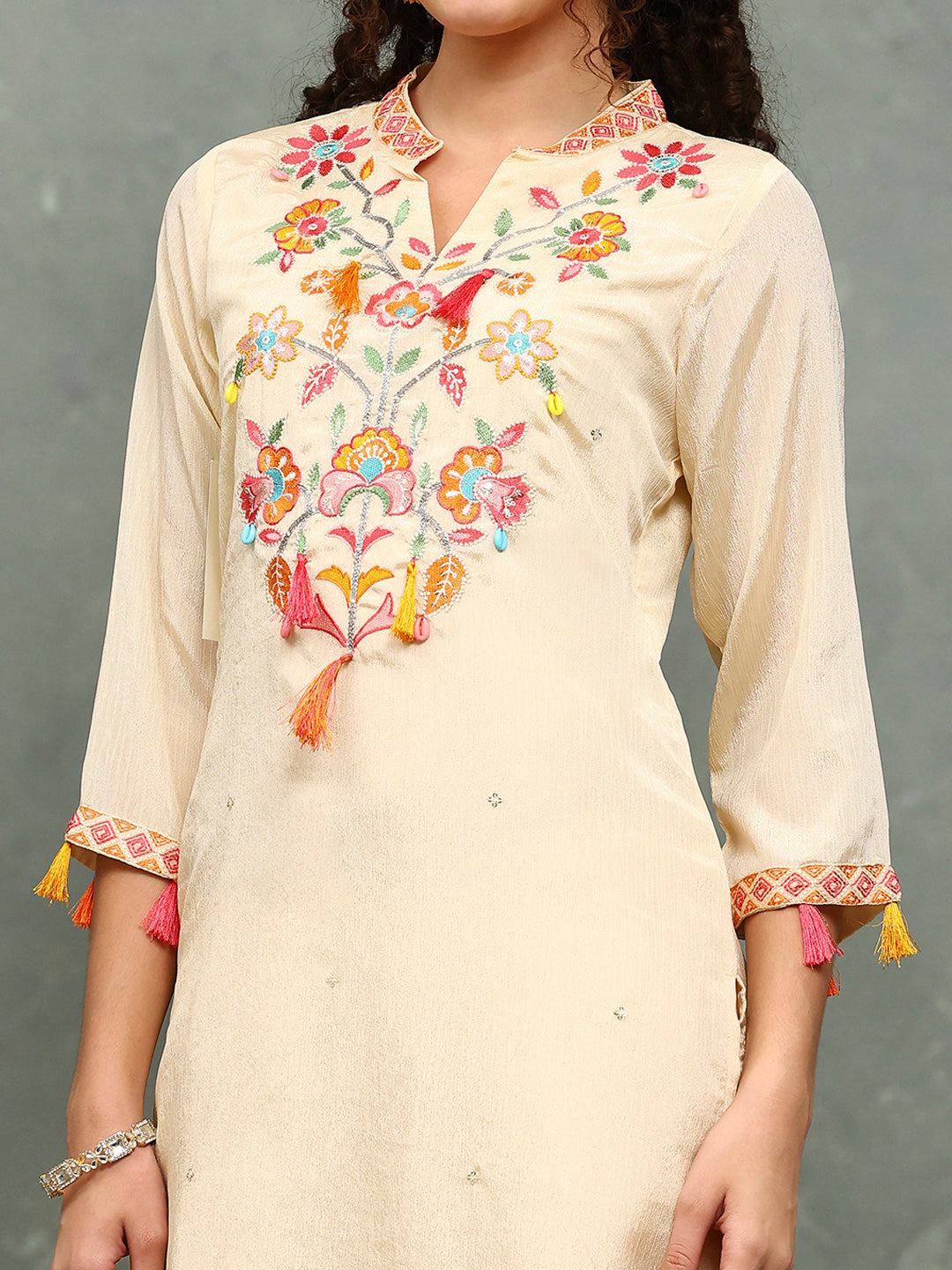 Resham Work Crepe Kurta With Pants &amp; Dupatta