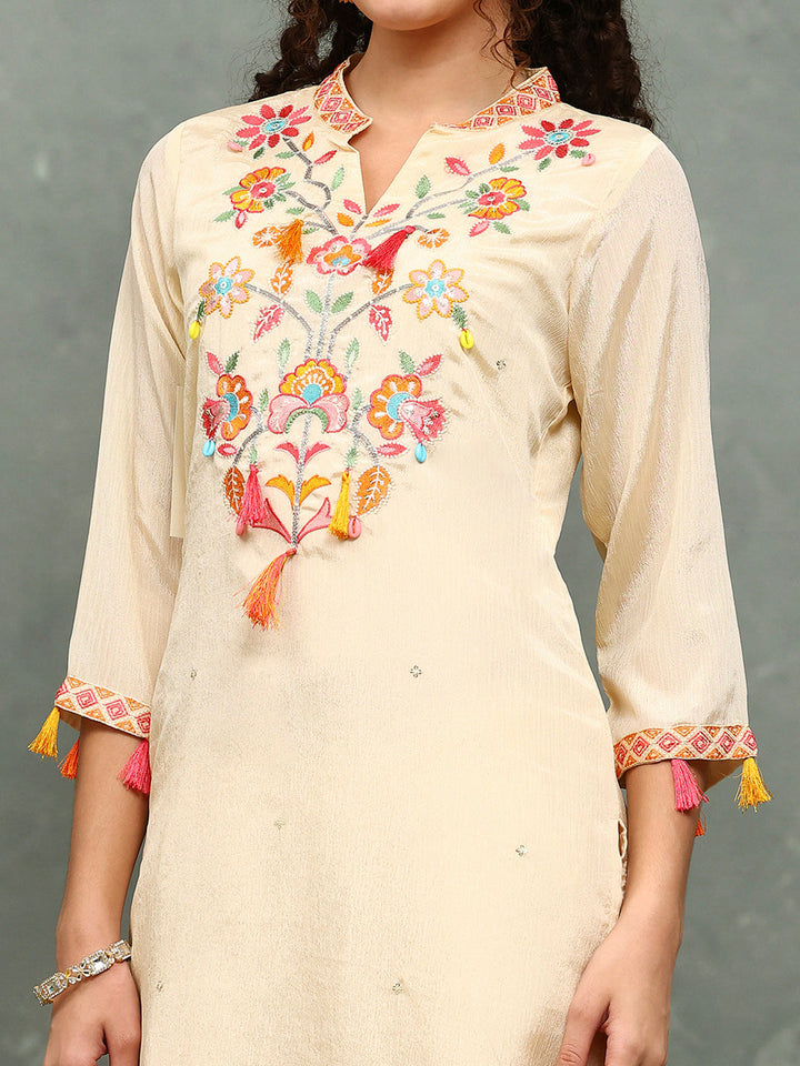 Resham Work Crepe Kurta With Pants &amp; Dupatta
