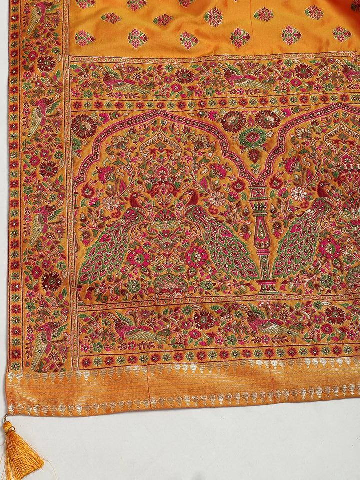 Rajasthani Folk Motif Unstitched Lehenga Choli with Narrative Borders
