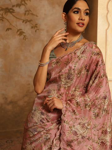 Floral Printed & Sequin Embroidery Organza Tissue Saree