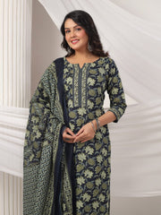 Printed Cotton Blend Kurta With Pants & Dupatta