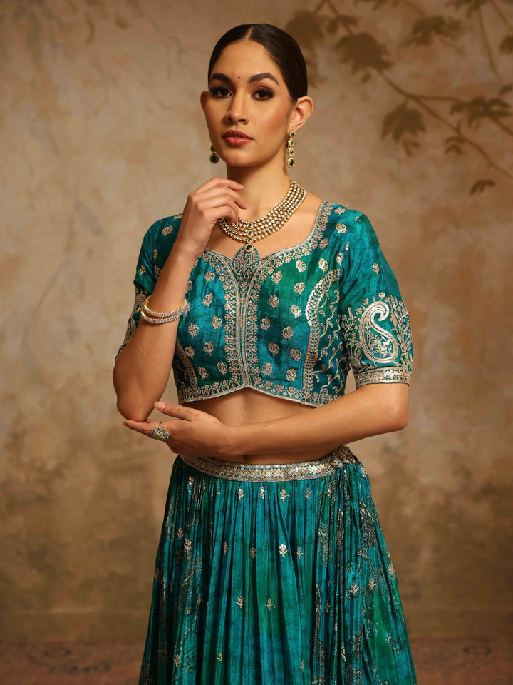Zari Embroidered &amp; Printed Crepe Choli With Lehenga &amp; Dupatta