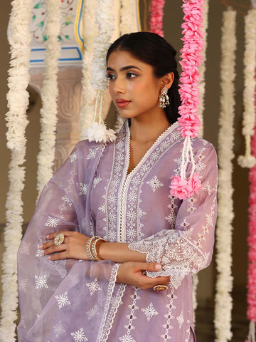 Embroidered Organza Kurta With Pants & Dupatta