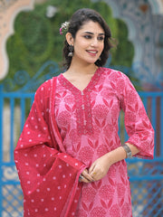 Printed Cotton Blend Kurta With Pants & Dupatta