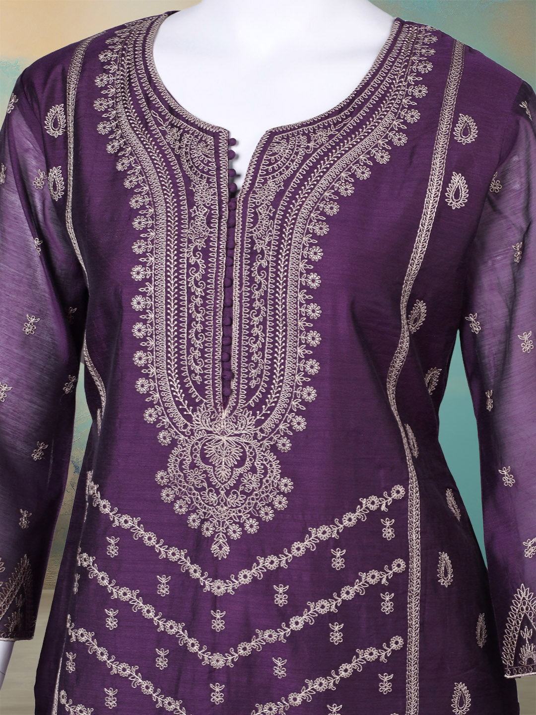 Embroidered Chanderi Kurta With Pant & Dupatta